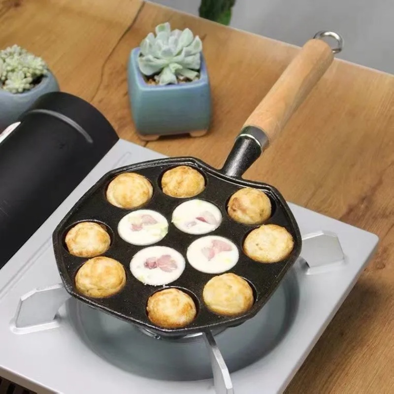 Takoyaki Pan Cast - กระทะทาโกะยากิสำหรับอบขนมถาดซิลิโคน14หลุมของขวัญแพนเค้กพร้อมส้อมใช้ในบ้านครัวแบบมืออาชีพ kompor Gas เหล็กหล่อเหนี่ยวนำ