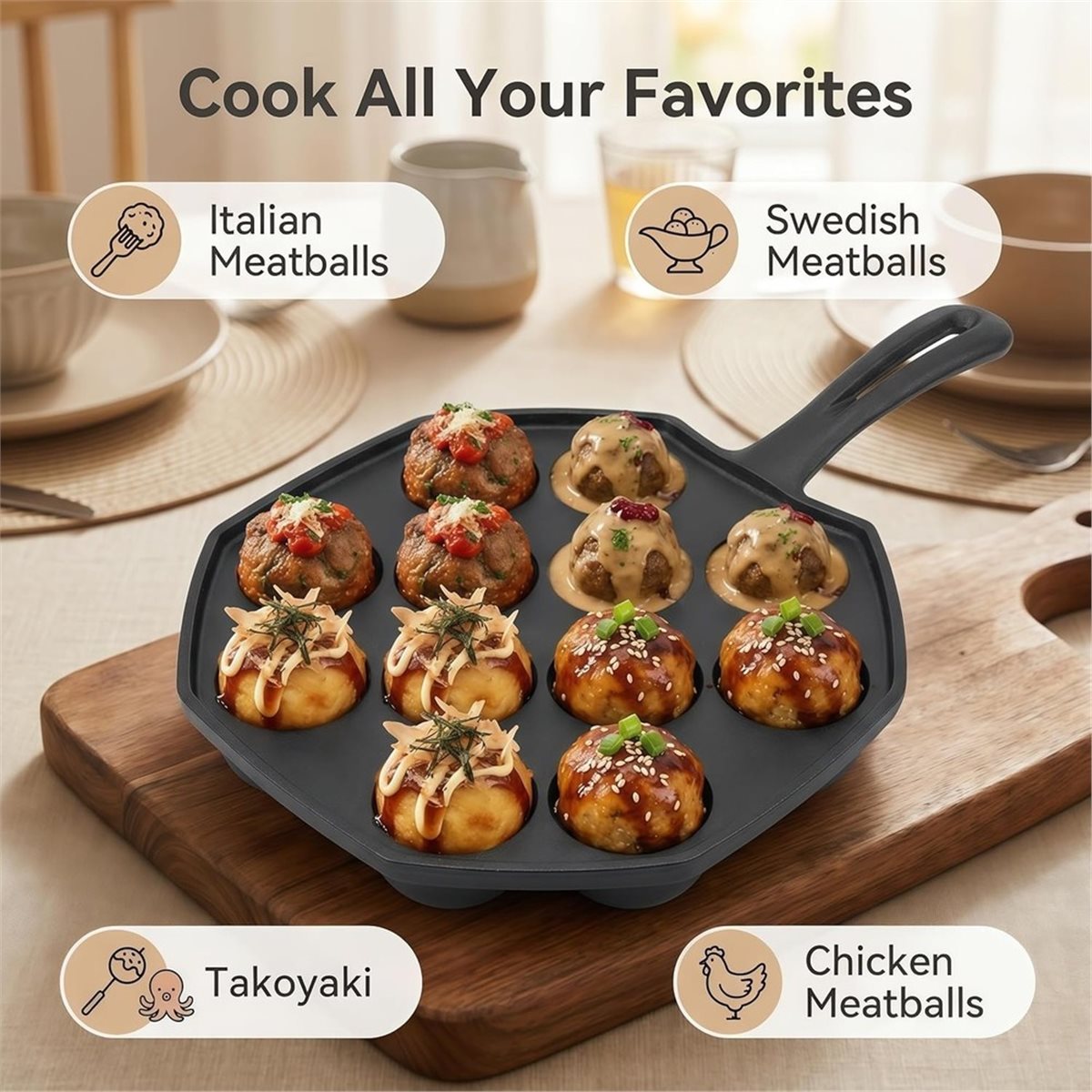 Takoyaki Pan Cast - กระทะทำทาโกะยากิเหล็กหล่อ 12 หลุม พร้อมส้อมและแปรง ใช้กับเตาอบได้