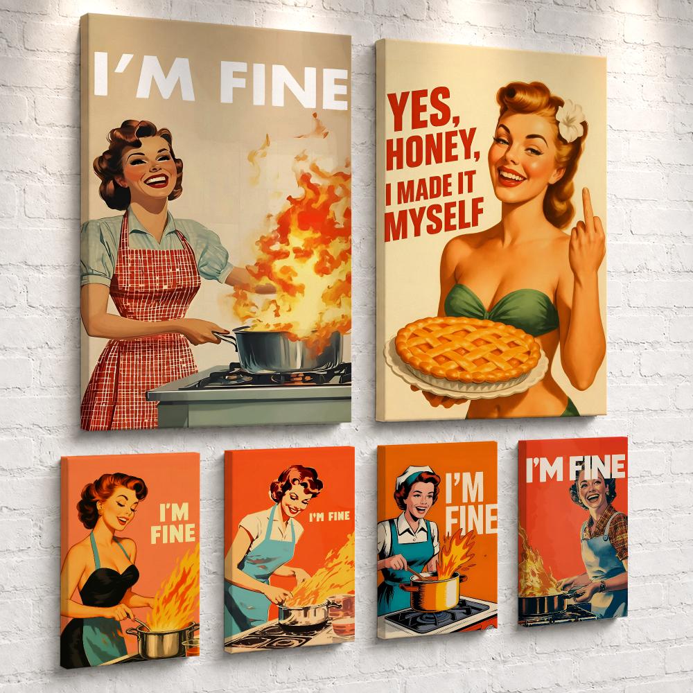 Home Cooking In - ภาพวาดผู้หญิงทำอาหารสไตล์เรโทร พร้อมแขวน ภาพพิมพ์บนผ้าแคนวาส สำหรับตกแต่งผนังห้องนอน ห้องนั่งเล่น ทางเดิน