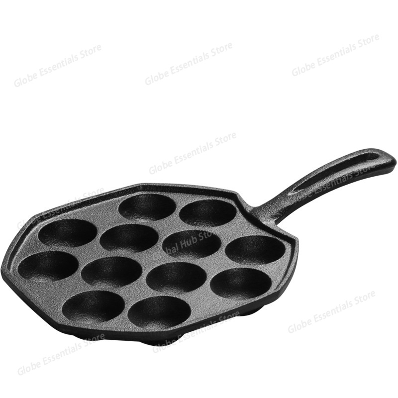 Takoyaki Pan Cast - กระทะทาโกะยากิ 12 หลุม ด้ามจับไม้ กระทะทอดลูกปลาหมึก แม่พิมพ์เหล็กหล่อ