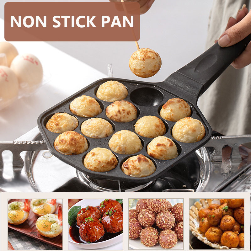 Takoyaki Pan Cast - 12/14หลุม Takoyaki กระทะไม้ Handle Octopus ลูกกระทะเหล็กหล่อแม่พิมพ์ครัวเรือน